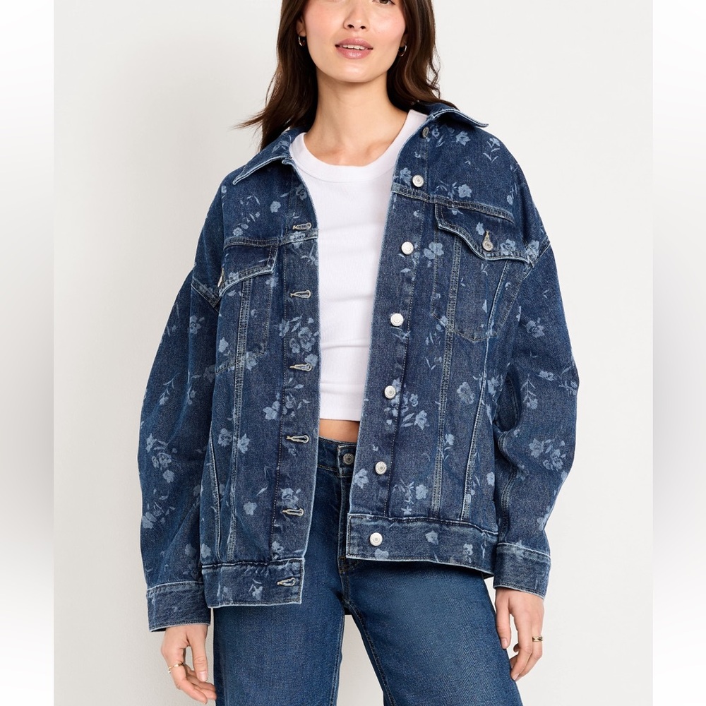 Dark Blue Floral Denim Jacket XL - Picture 2 of 8